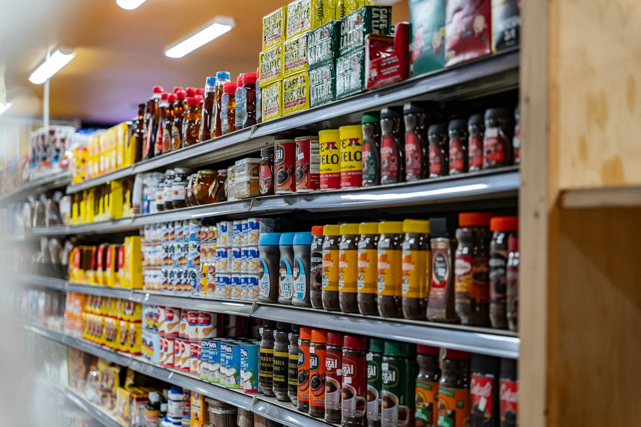 Shelves of canned goods, salsas, and spices in the Carnicería 99 grocery aisle
